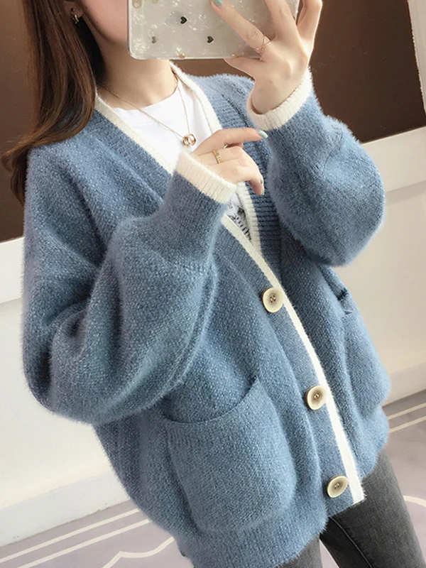 

Женский свободный вязаный кардиган из норки на весну-осень, в корейском стиле, с длинными рукавами, V-образным вырезом, удобный, для повседневной носки