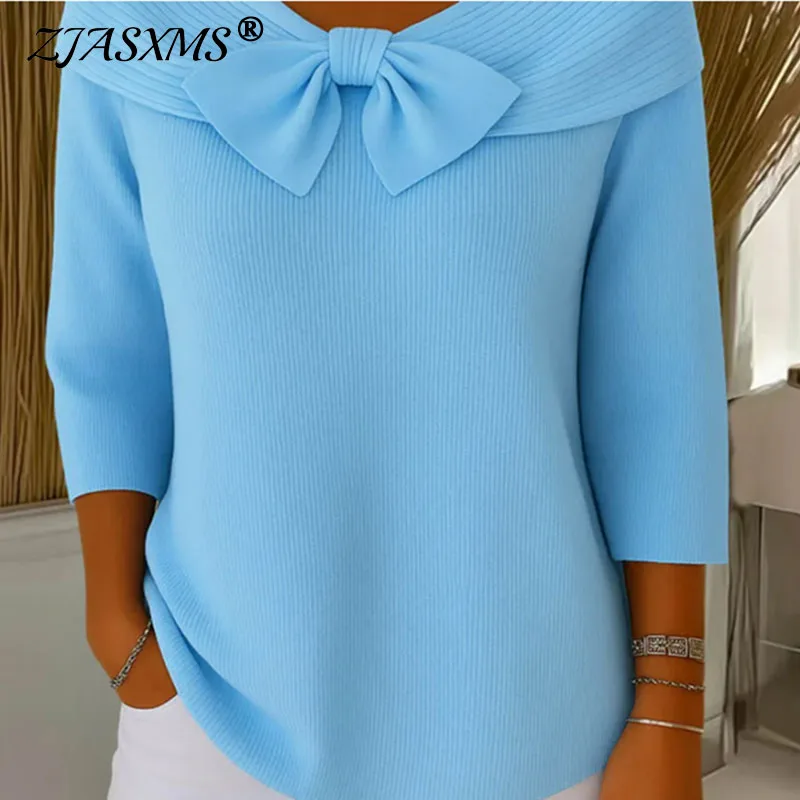 

Модный вязаный свитер с бантом и ребристом воротником, женский элегантный однотонный тонкий трикотаж, топ, пуловер, новый осенний джемпер с длинными рукавами Mujer