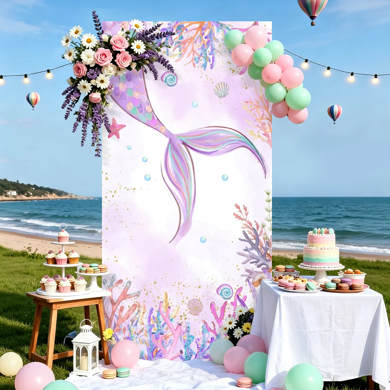 Mermaid Rectangular Backdrop Cover Underwater World Sparkling Fish Scale Coral Girls Birthday Party Decor Stretchy Background