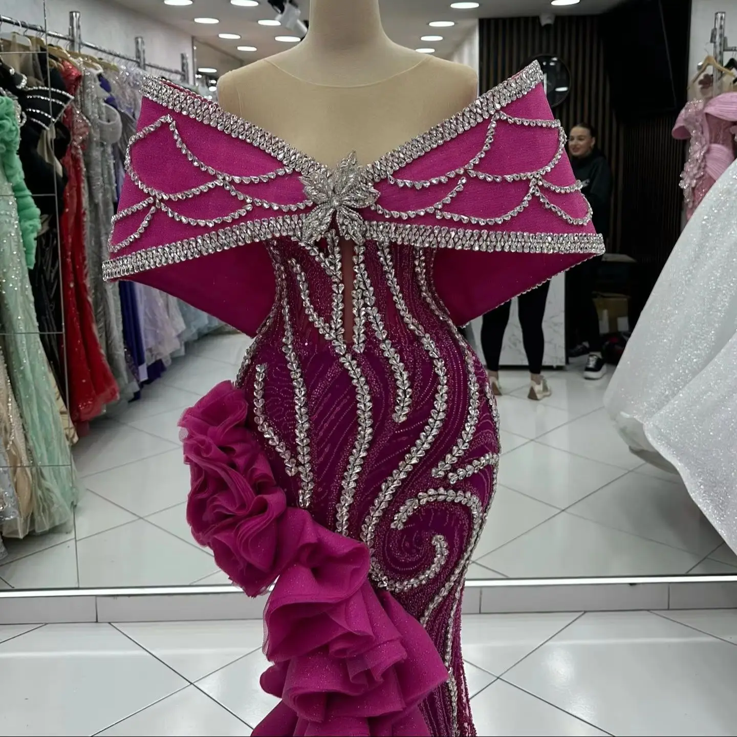 Customized Purple Ruffles Split Slit Prom Dresses Off Shoulder Arabic Party Dress Sparkle Crystals Women's Formal Evening Gown