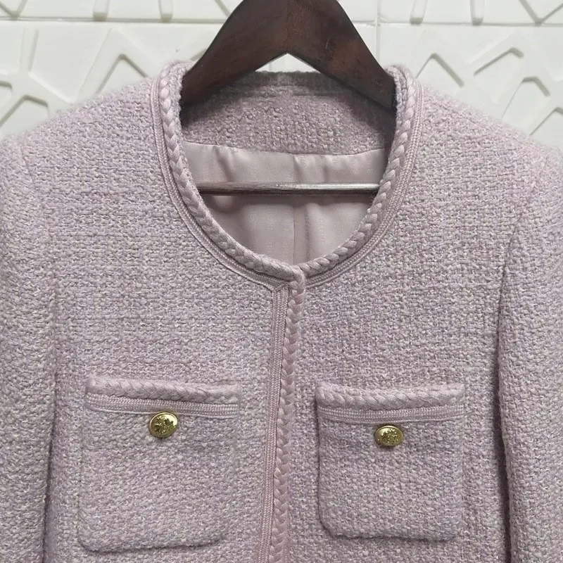 Jaqueta feminina de tweed rosa, jaqueta de lã com gola redonda curta, estilo fragrância pequena, roupas de outono e inverno