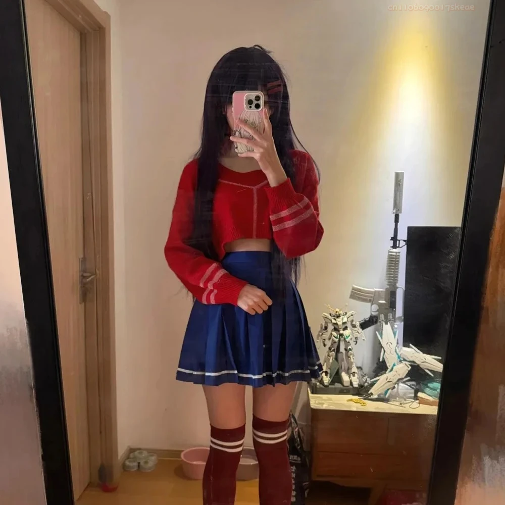 Game MiSide Mita Cosplay Costume Women Red Sweater Blue Skirt Set Uniform Halloween Carnival Clothes
