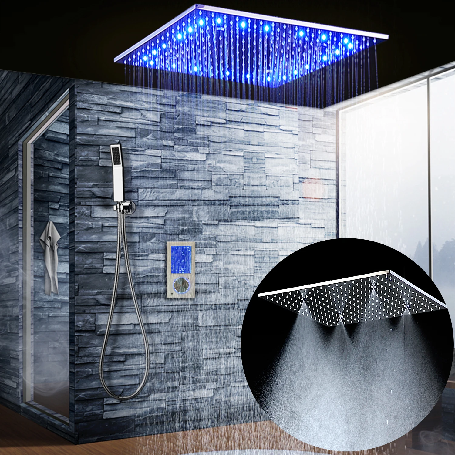 OLEFY Bathroom Shower Head 20 Inch Chrome Spray Rain Shower Thermostat Digital Display Mixer RGB LED Shower Set