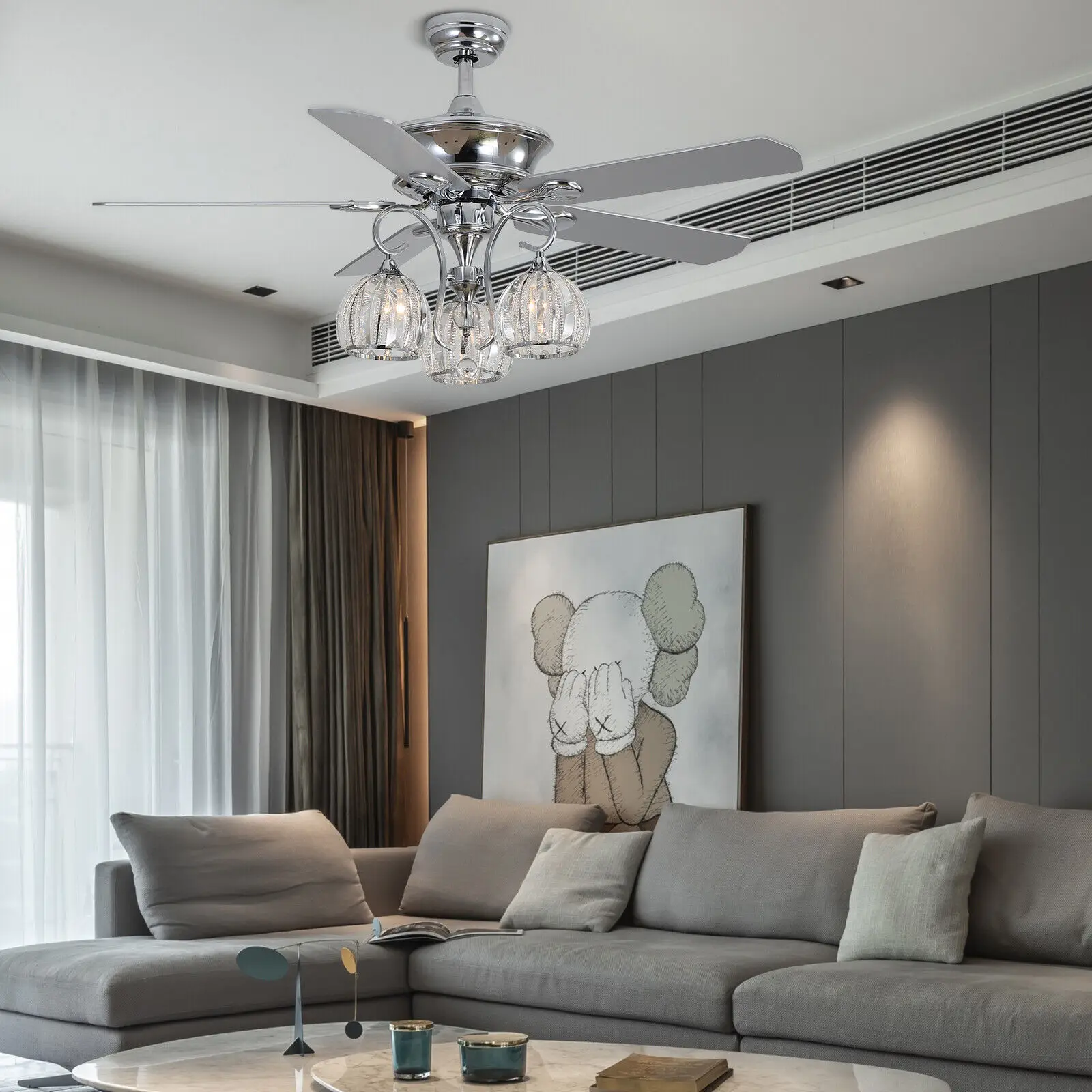 52 inch Crystal Fan Lights Modern Ceiling Fan E12 with Remote control, 3 speed home decor