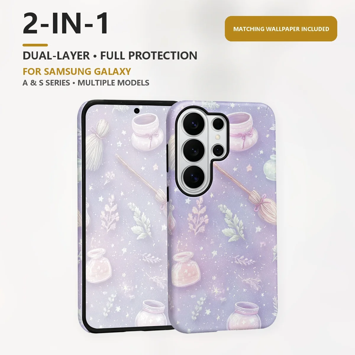 Pastel Witch Broom 2-in-1 Dual-Layer Phone Case for Samsung Galaxy S26 S25 S24 S23 S22 S21 Plus Ultra FE S20 FE A56 A17 A16 A15
