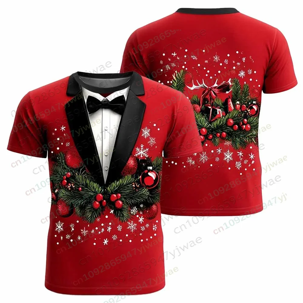 Fashion Men's Christmas Fake Tuxedo T Shirt Red Suit Bow Tie Pine Garland Ornament Print Short Sleeve Holiday Party Tee