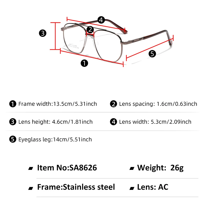 YOOSKE Fashion Glasses for Women Pilot Double Beams Large Frame Versatile Men's Myopia Optical Prescription Eyeglasses Frame