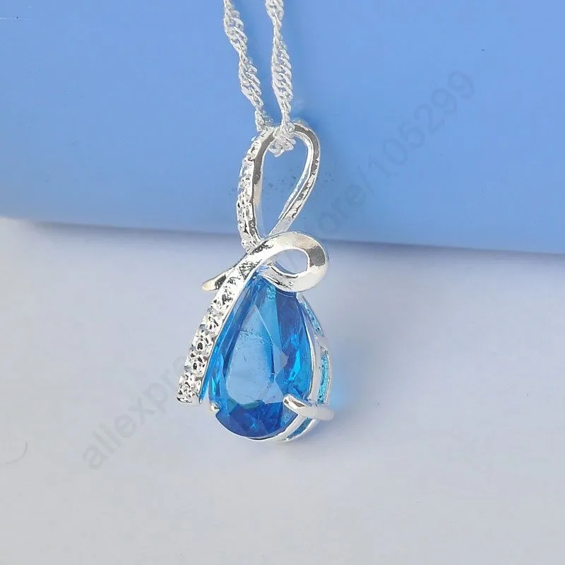 Personality Big Light Blue Jewelry Necklace 925 Sterling Silver Cubic Zirconia Beautiful Ocean Felling Design Accessories