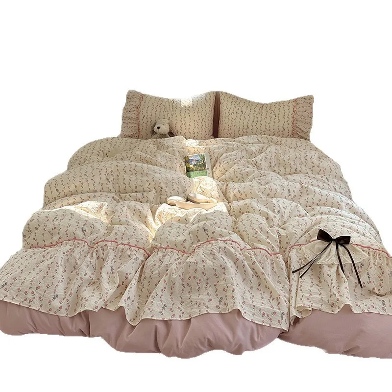 3/4Pcs Bedding Set Euro Princess Bedding Duvet Cover Cotton 100% Lace Bow Bed Linen With Ruffles Double Bed Lace Pillowcase 6