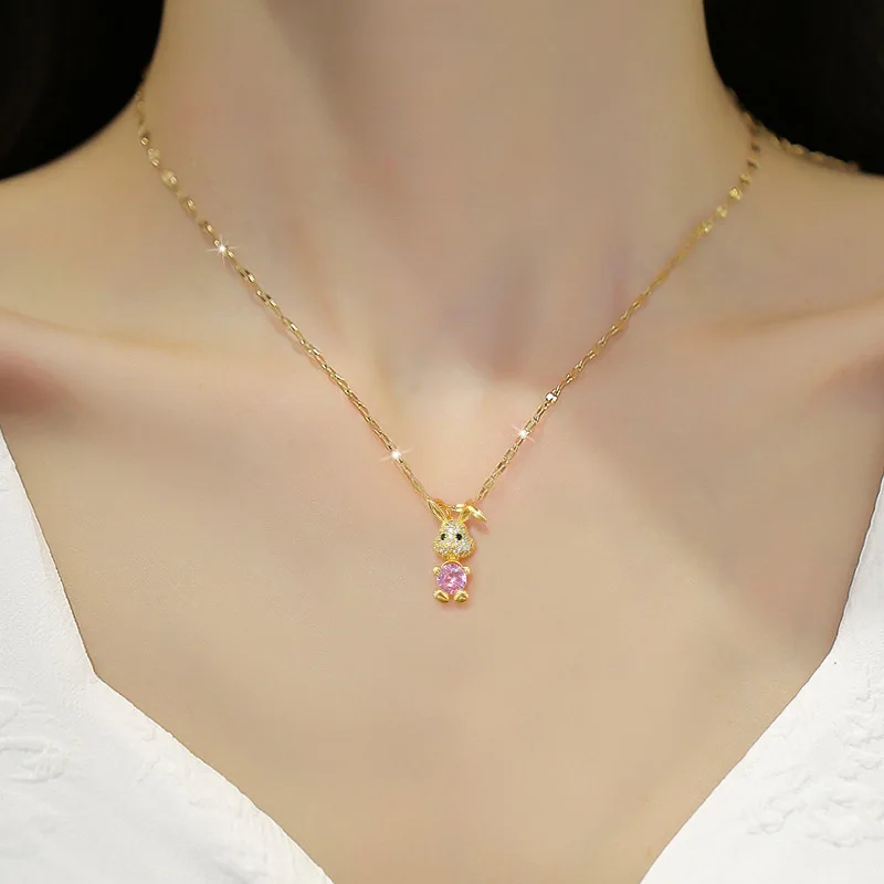European and American Curved Ear Rabbit Hug Love Crystal Pendant Necklace for Women Fashion Pink Rabbit Animal Jewelry Gift