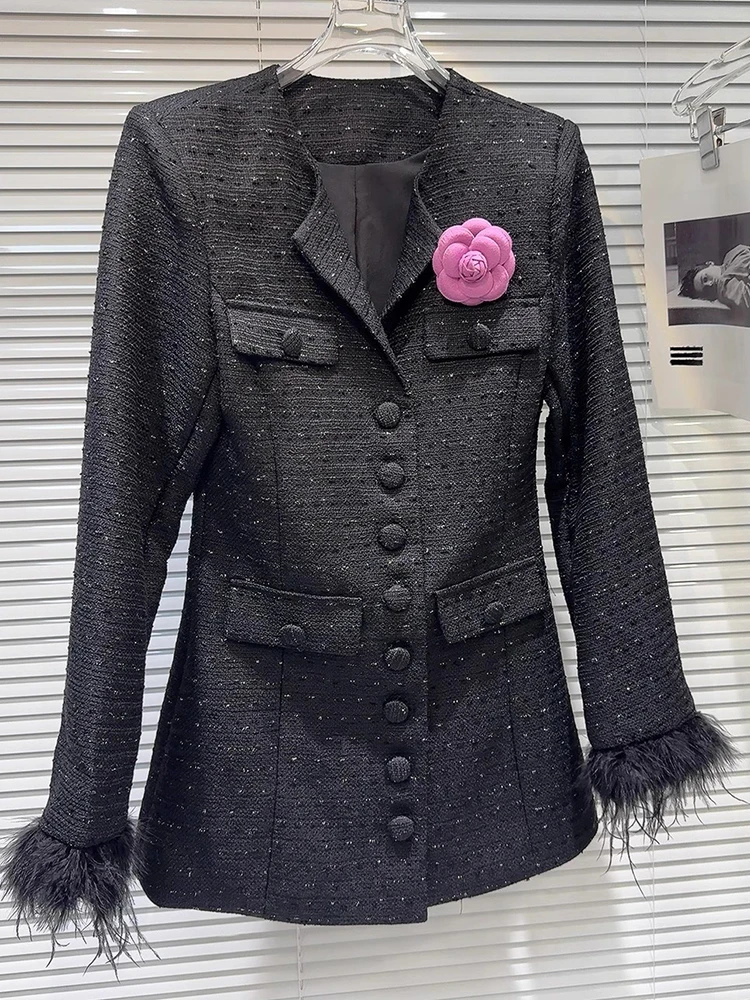 TWOTWINSTYLE Elegant Spliced Brooch Coats For Women Lapel Long Sleeve Patchwork Single Breasted Temperament Coat Female Fashion