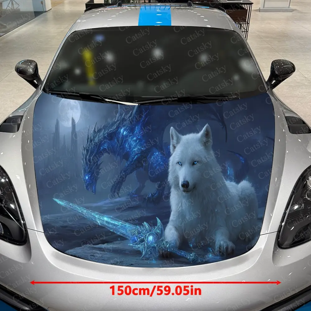 Frost Blade Wolf & Dragon Car Vinyl Wrap, PVC Waterproof Car Hood Sticker, Self-Adhesive Scratch-Resistant Stickers