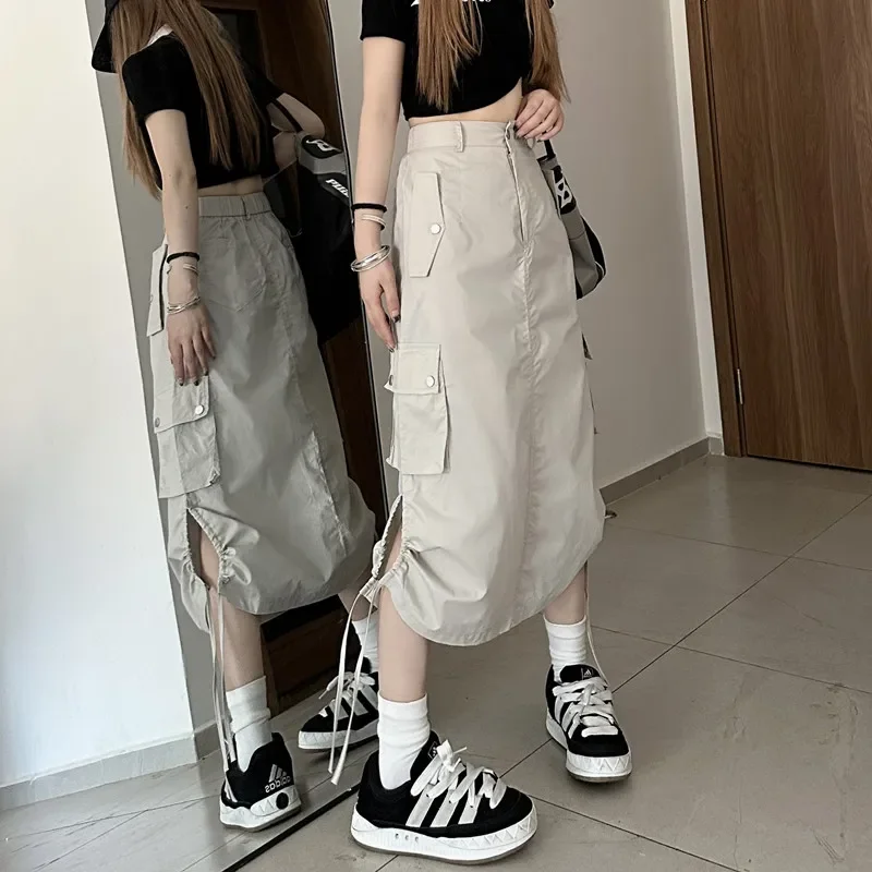 

Summer Skirts for Women 2024 Faldas Mujer De Moda High Waist Causal Fashion Jupe Drawstrint Split Pockets Saia Chic Y2k Skirt