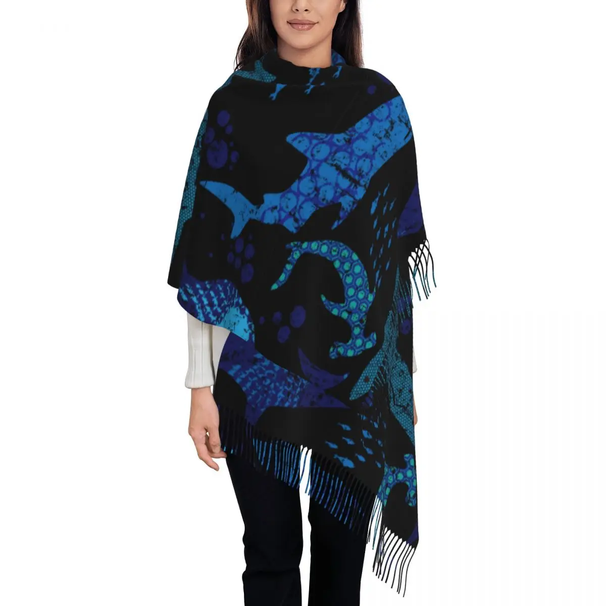 Women Scarf Abstract Sharks Dark Print Winter Shawls Thin Wrap Lady Tassel Warm Scarves Hairy Bufanda Stole