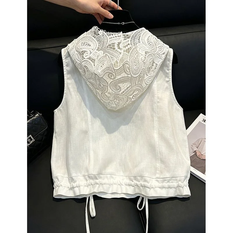 New 2026 Summer Vest Women's Waistcoat Gentle and Romantic Style Strap Lace Hooded Button Flax Sleeveless Vest Jacket Coat