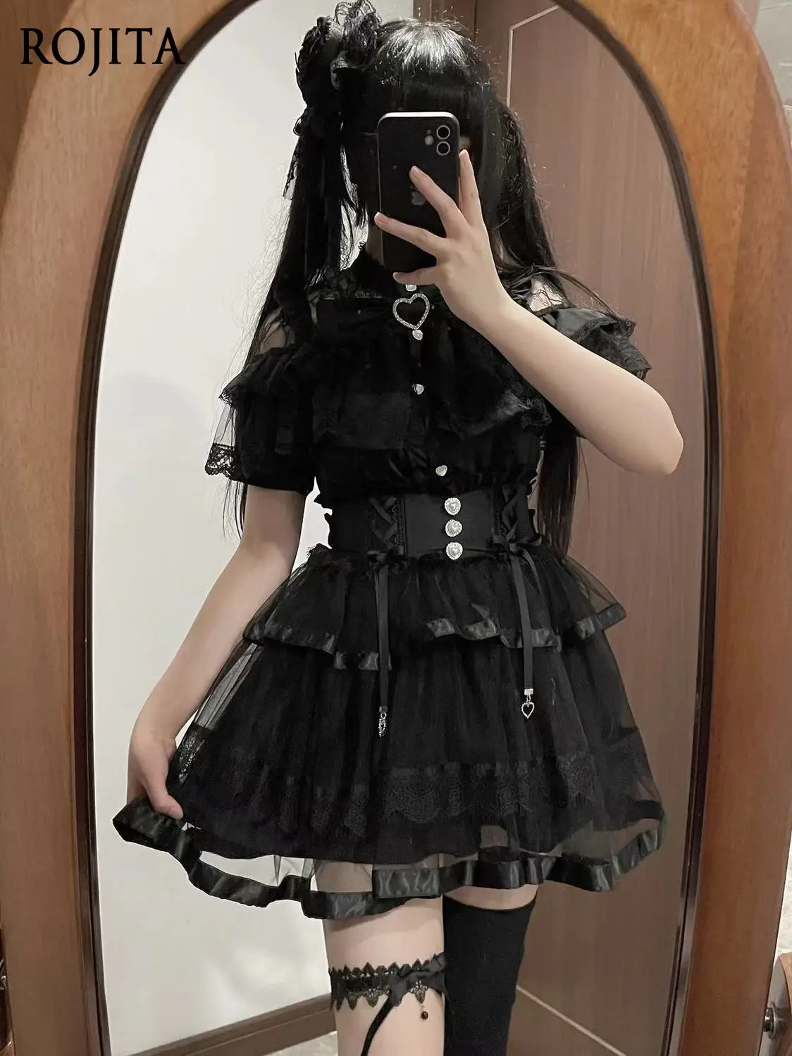 Black Lace Corset Waist Three Pearl Buttons Multi-Layer Ruffle Tulle Mini Skirt Heart Metal Charm Ribbon Bow Lolita Skirt