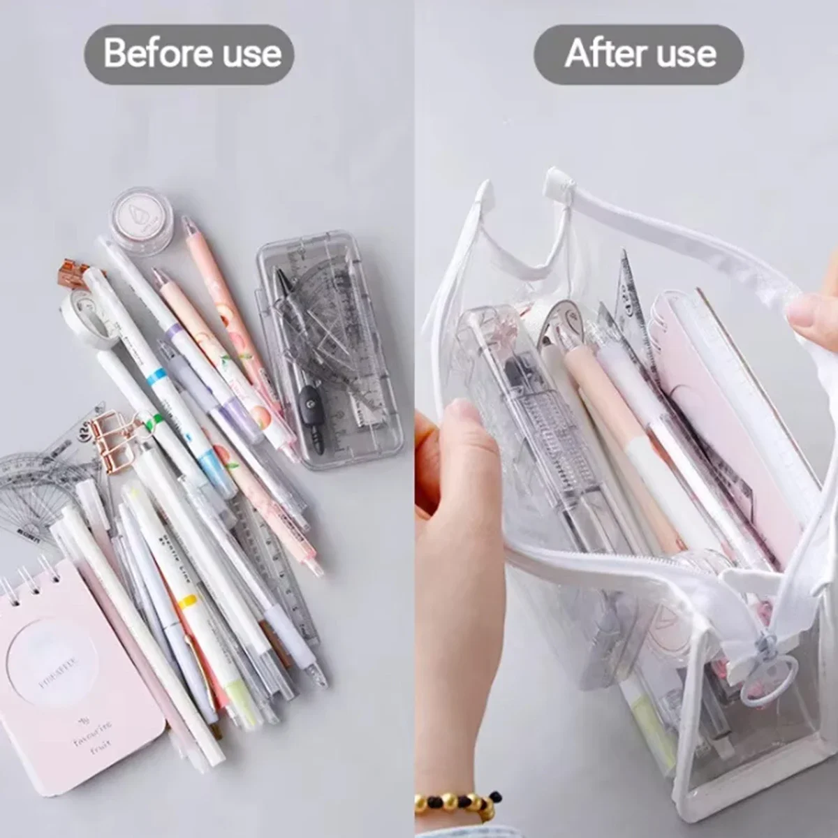 Triangular Stand Up Clear Pencil Case Waterproof PVC Transparent Zipper Stationery Pouch  Color School Exam Pen Storage Bag