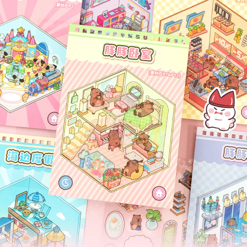 

New 3D Landscape Sticker Book Cute Capybara DIY Miniature Scene Stickers 10 Scenes PET Pocket Scene Kit for Children