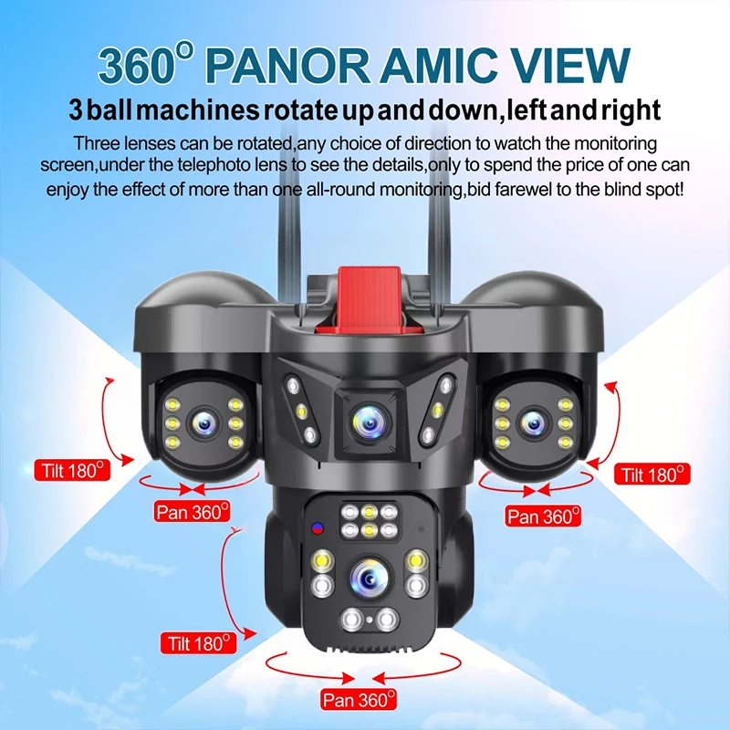 Outdoor Network 24/7 Surveillance Camera, Triple Lens, Color Monitor, IP66 Rainproof, AOV PTZ Security Solar Camera