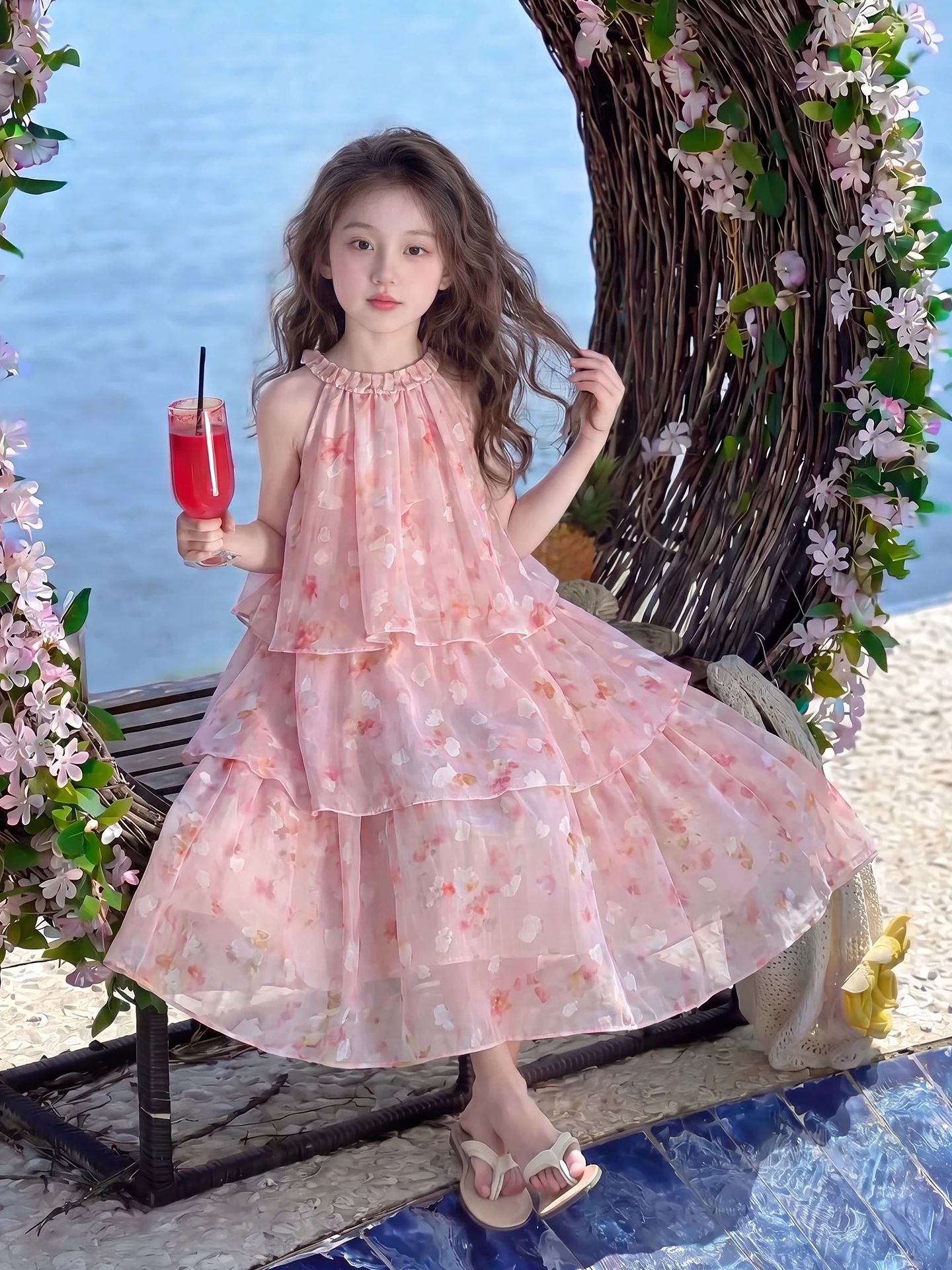 summer-floral-princess-dress-for-girls-beach-vacation-casual-sweet-style-soft-material-mid-length-skirt-no-sleeve-children's