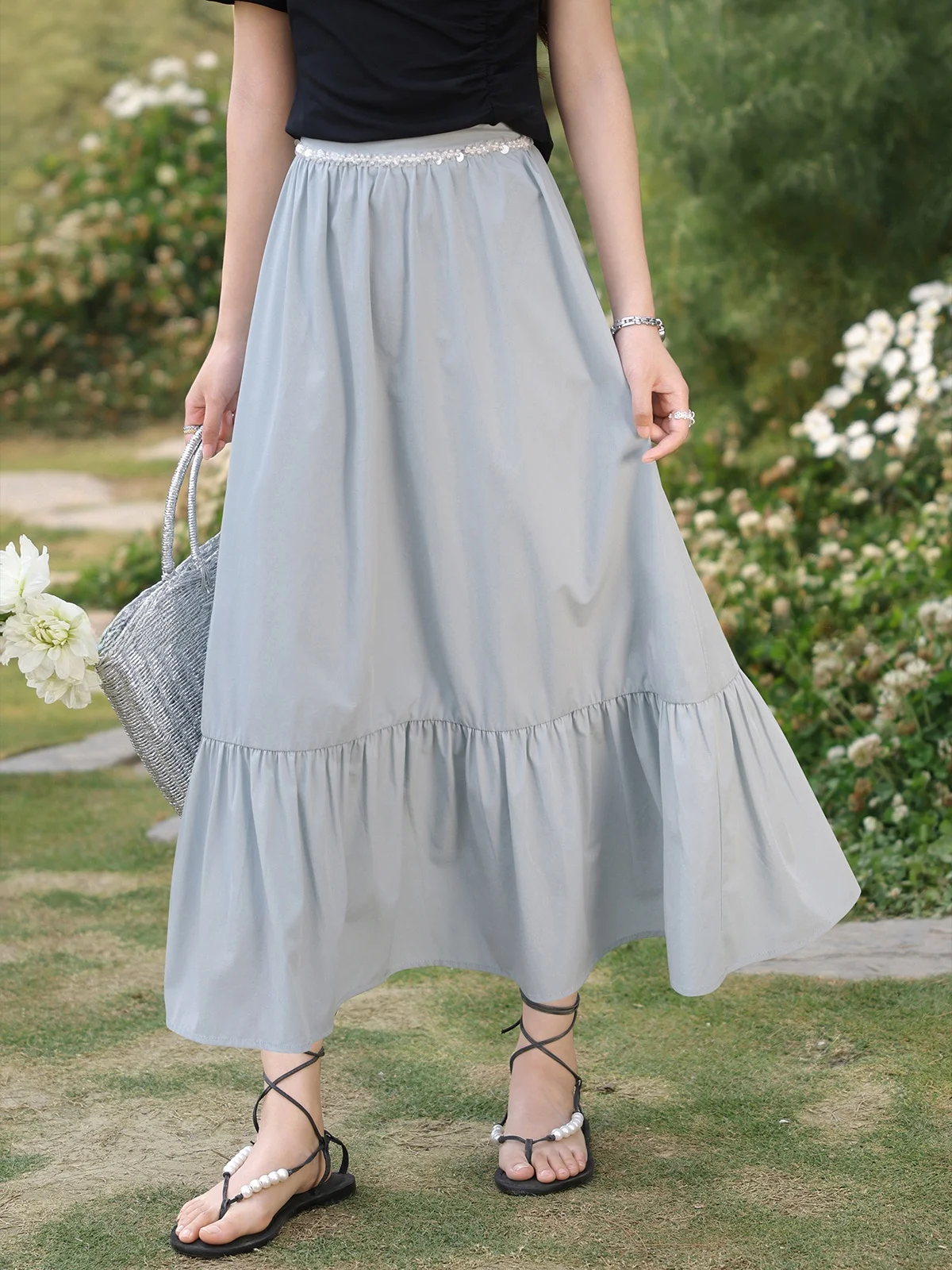 

South Deer Gentle Encounter Mist Синяя юбка-миди трапециевидной формы, женская летняя новая повседневная утягивающая юбка для похудения