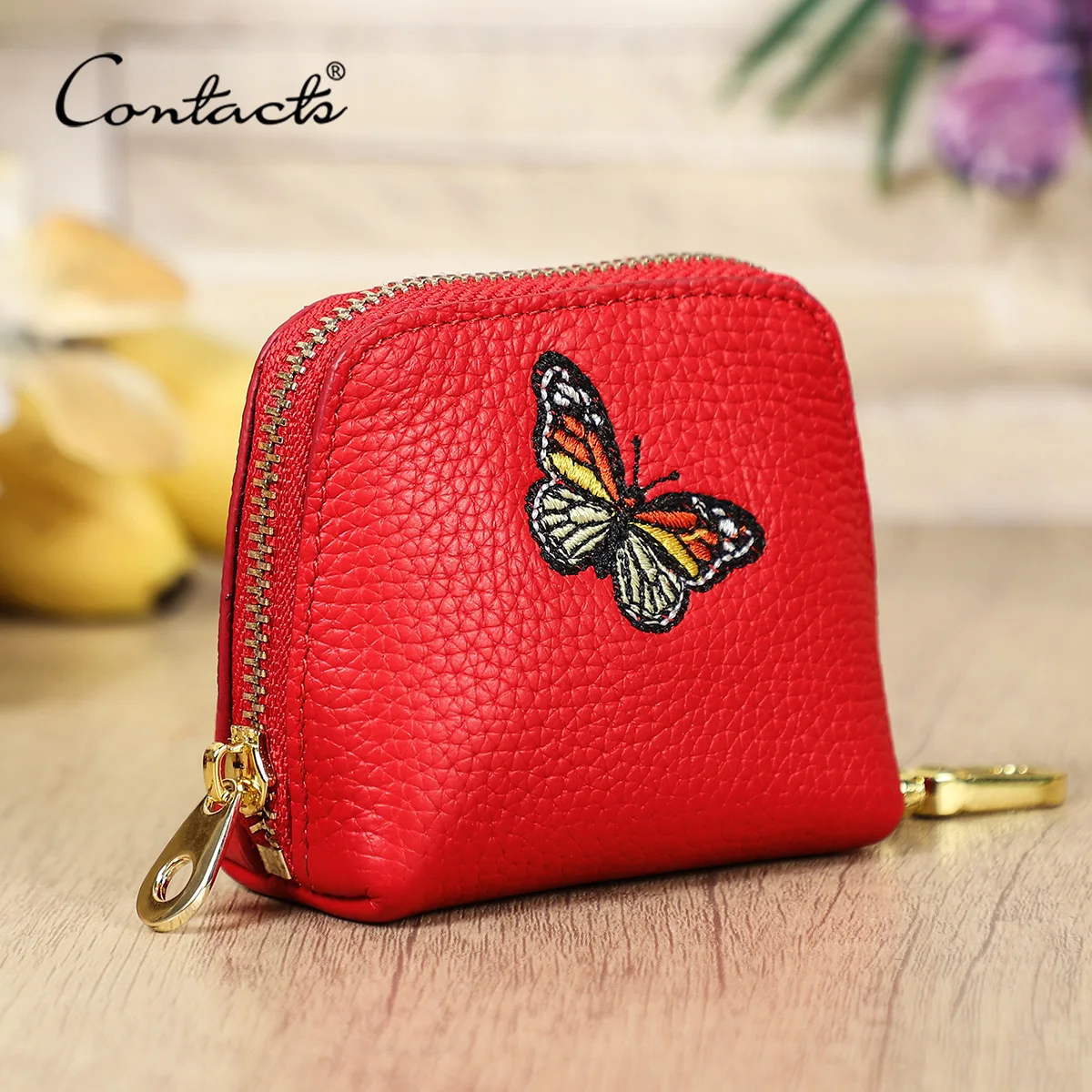 CONTACT'S Genuine Leather Bag Charm for Women, Butterfly Embroidery Pendant, Small Purse Keychain Decor for Handbags & Totes