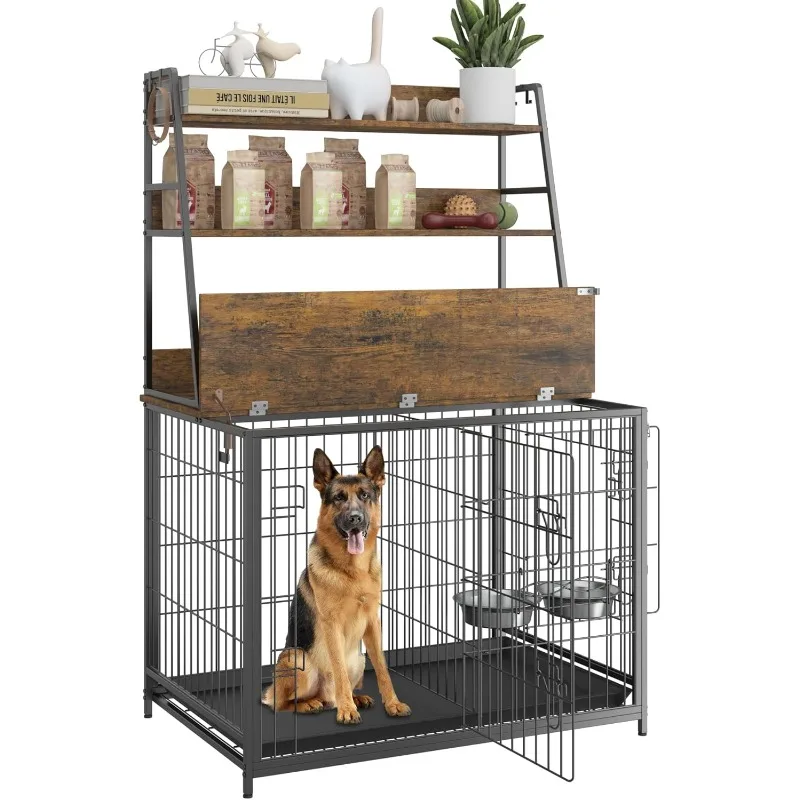 Wooden Dog Crate Furniture with Storage Shelves，Removable Tray,Double Doors ,Pet House with Two Adjustable Stainless Steel Bowls