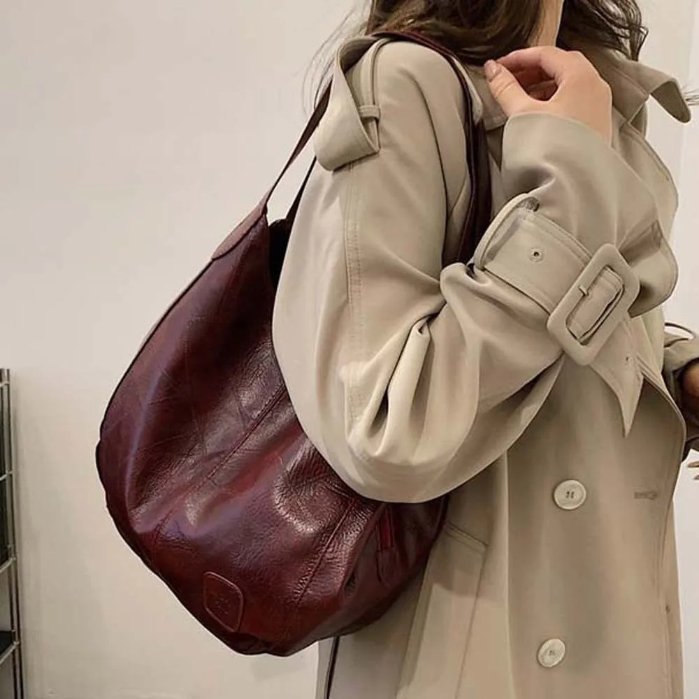 Large Capacity Vintage Leather Tote Premium Vegan Leather Spacious Triple Compartments Soft Hobo Bag Matte Oil-wax Finish