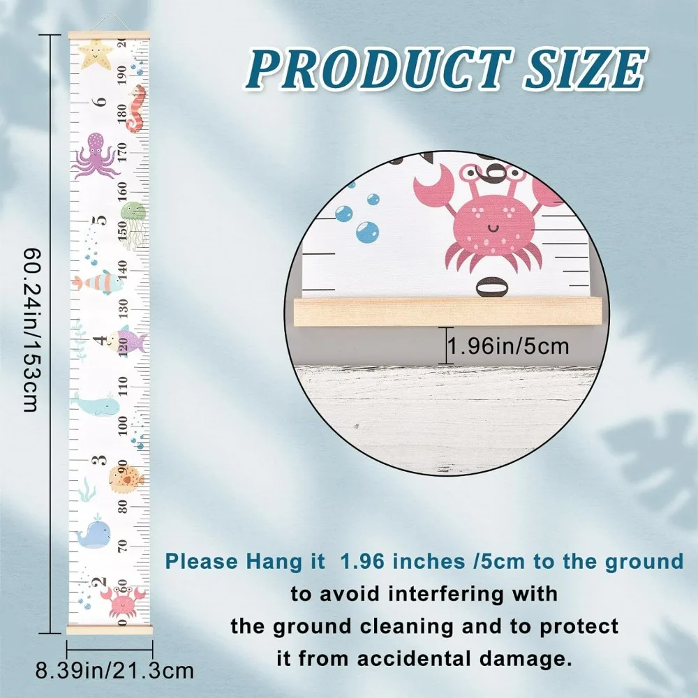 Sea Animals Growth Chart Fabric Canvas Height Measurement Ruler Wood Frame Hanging Removable Cartoon Wall Rulers for Home kits