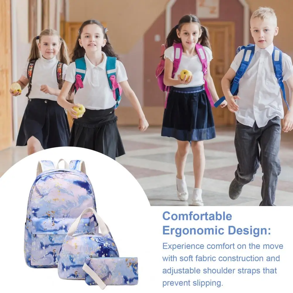 

Capacity Backpack Waterproof School Bag Set with Lunch Bag Pencil Case Adjustable Shoulder Strap Printed Design Zipper Closure