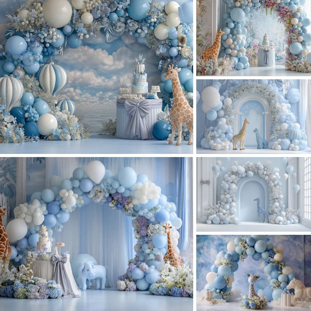 

Newborn Baby First Birthday Theme Blue Balloons Kids Baby Shower Cake Smash Tent Interior Photography Banner Decor Props