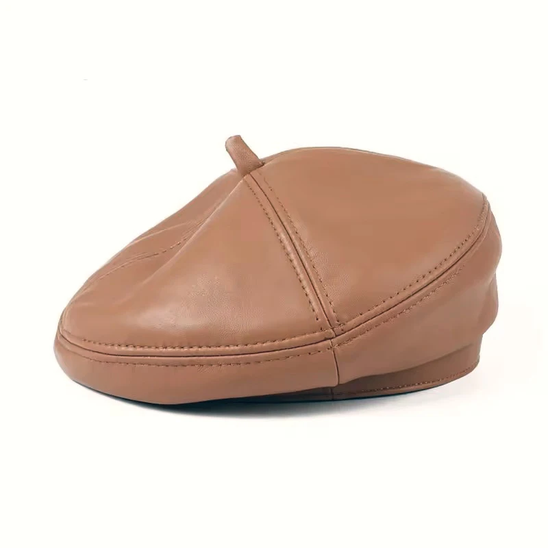 100% Real Leather Octagonal Hat for Women Fall Winter Retro Casual Beret Cap Fashion Ladies Sheepskin Newsboy Cap Painter Caps