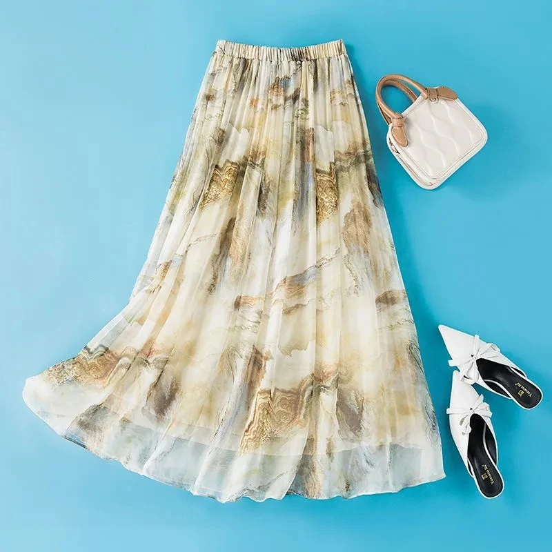 

2024 New Korean Summer Landscape Printed Skirt, for Women Clothing, Spring Summer Elegant Elastic High Waist Chiffon Skirts 142