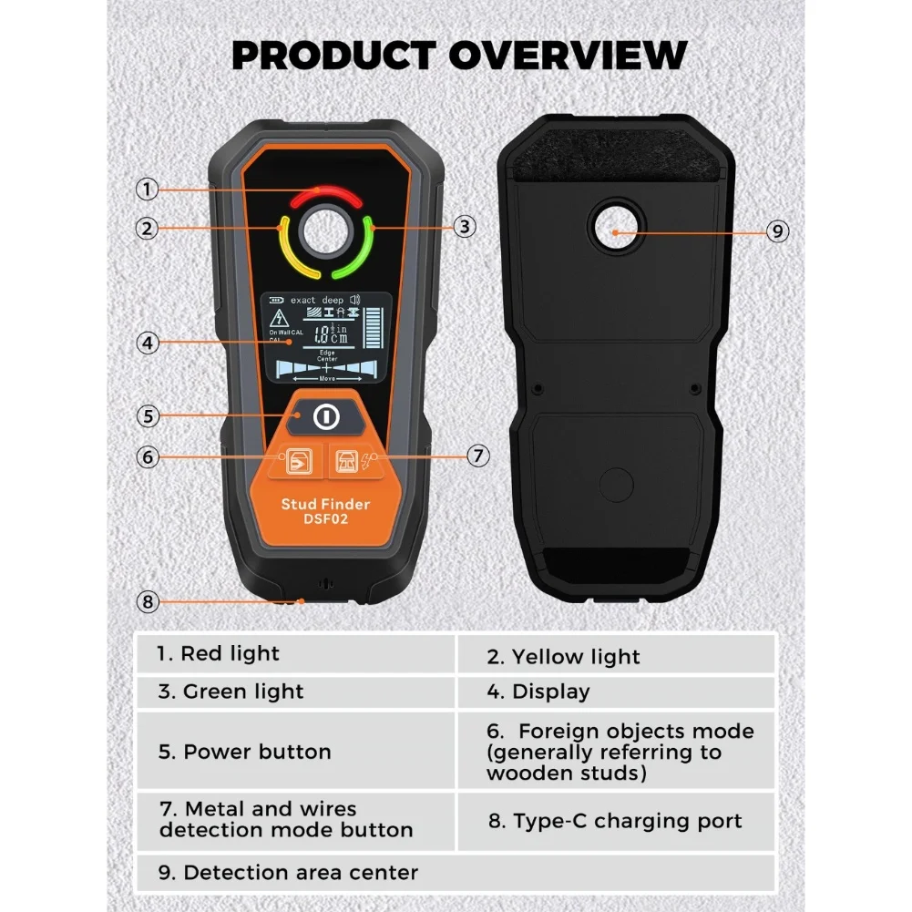 DSF02 Handheld Wall Detector Supporting Drywall Brick and Wood Wall Applications with Depth Readings and Alarms