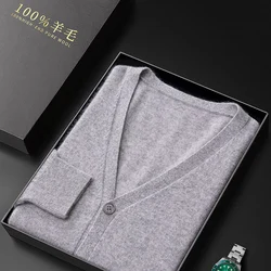Men's 100% Pure Wool Cardigan 23 Autumn And Winter New V-Neck Loose Sweater With Middle-Aged Coat Knitted Bottoming Shirt