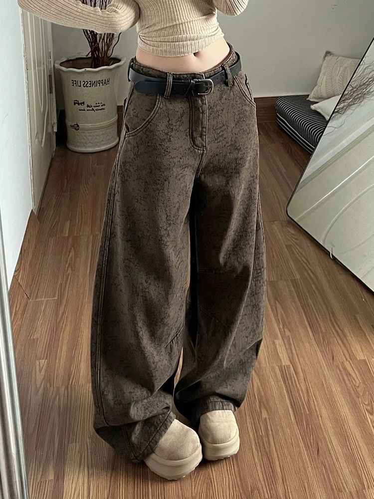 

Джинсы женские Y2K в американском ретро-стиле, жаккардовые, коричневые, с изогнутыми штанинами, широкие, деним, дизайнерские