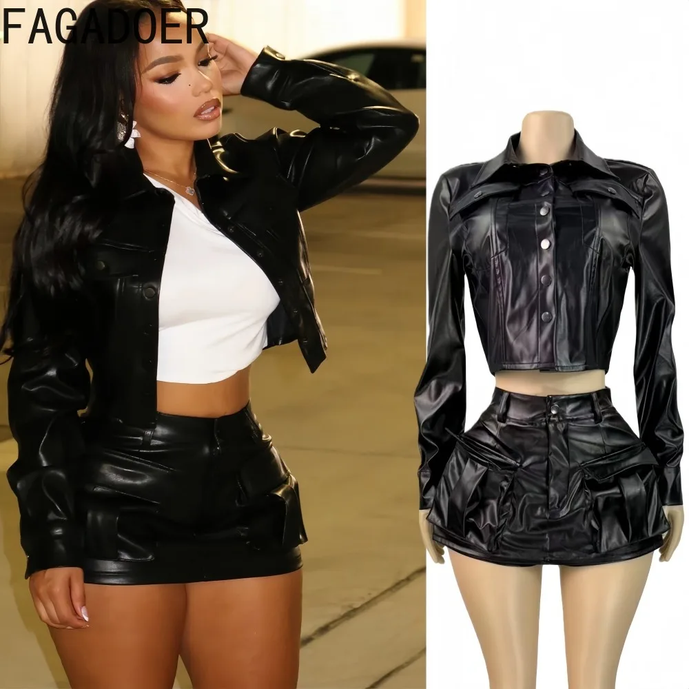 

FAGADOER Punk Gothic Fashion Two Piece Outfits Woman Long Sleeve Pocket Patchwork Crop Top and Skirt Matching Female Streetwear