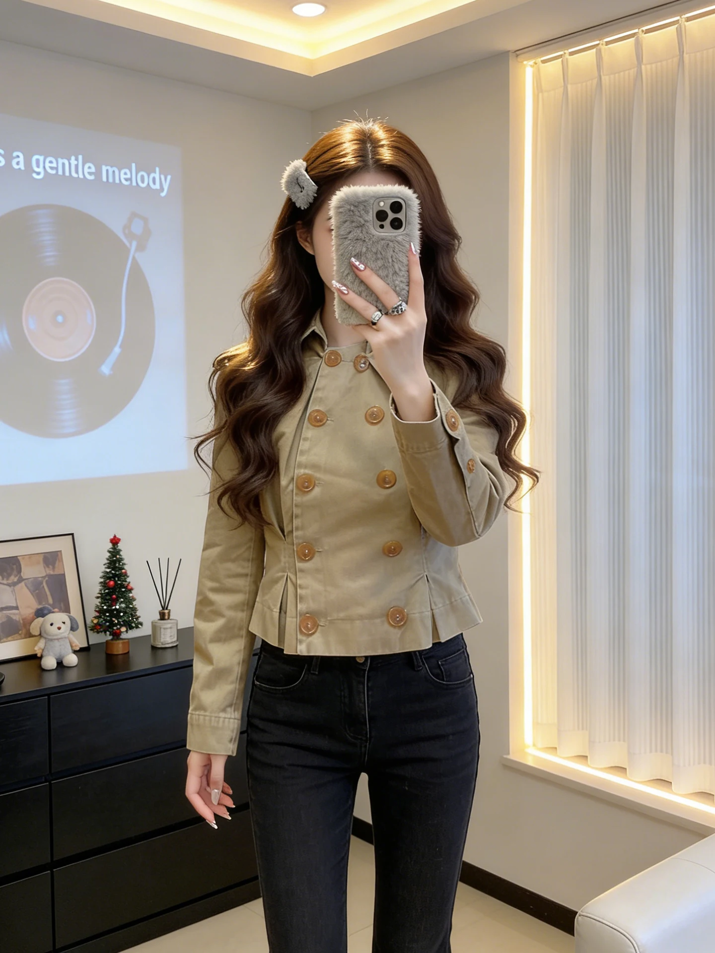 Korean Style Khaki Double Buttoned Waist Cinched Slim Short Coat Women's Fashion Spring New Popular Item Commute Style Long S...