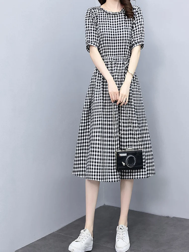 Elegance Office Lattice Lacing Patchwork A-line Skirt New Summer Classic Short Sleeve Round Neck Slim Korean Pleated Midi Dress