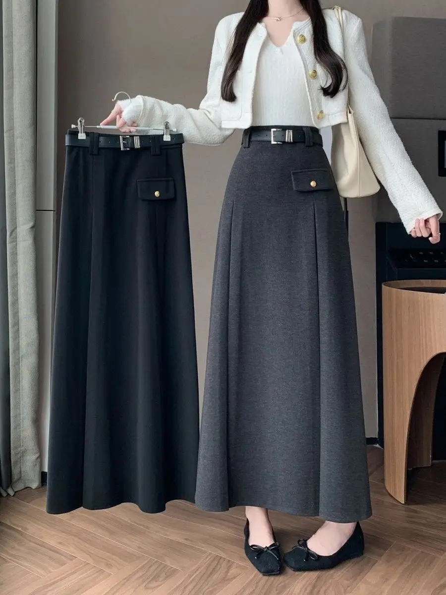 

Юбка миди А-силуэта больших размеров, тонкая, с высокой талией, для фигуры типа «груша», стройнящая, весна-лето-осень, длинная юбка для полных женщин