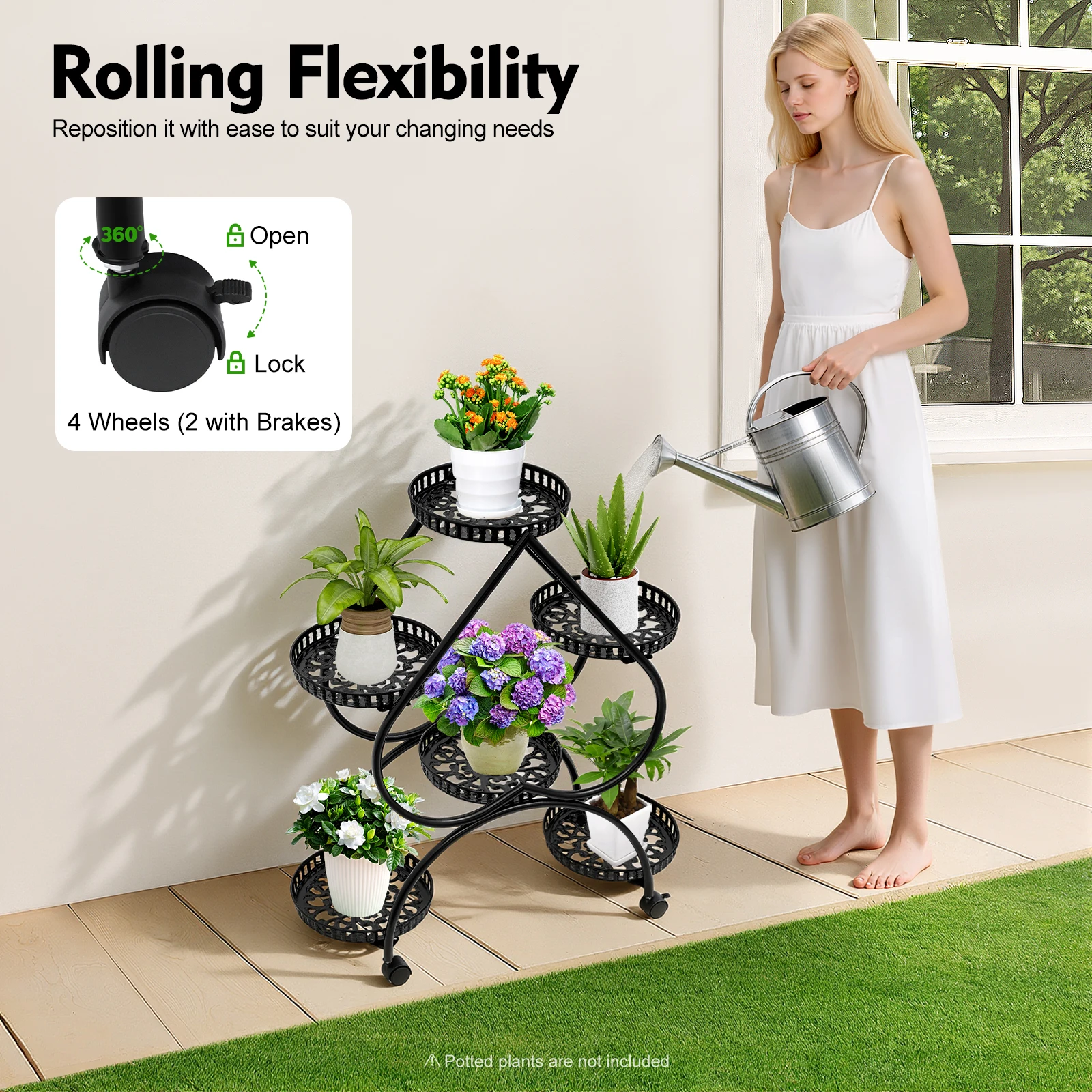 

6-Tier Plant Stand, Heart Shaped Plant Stand with Wheels, Rolling Flower Pot Holder, Iron Display Rack for Home Office Gardens