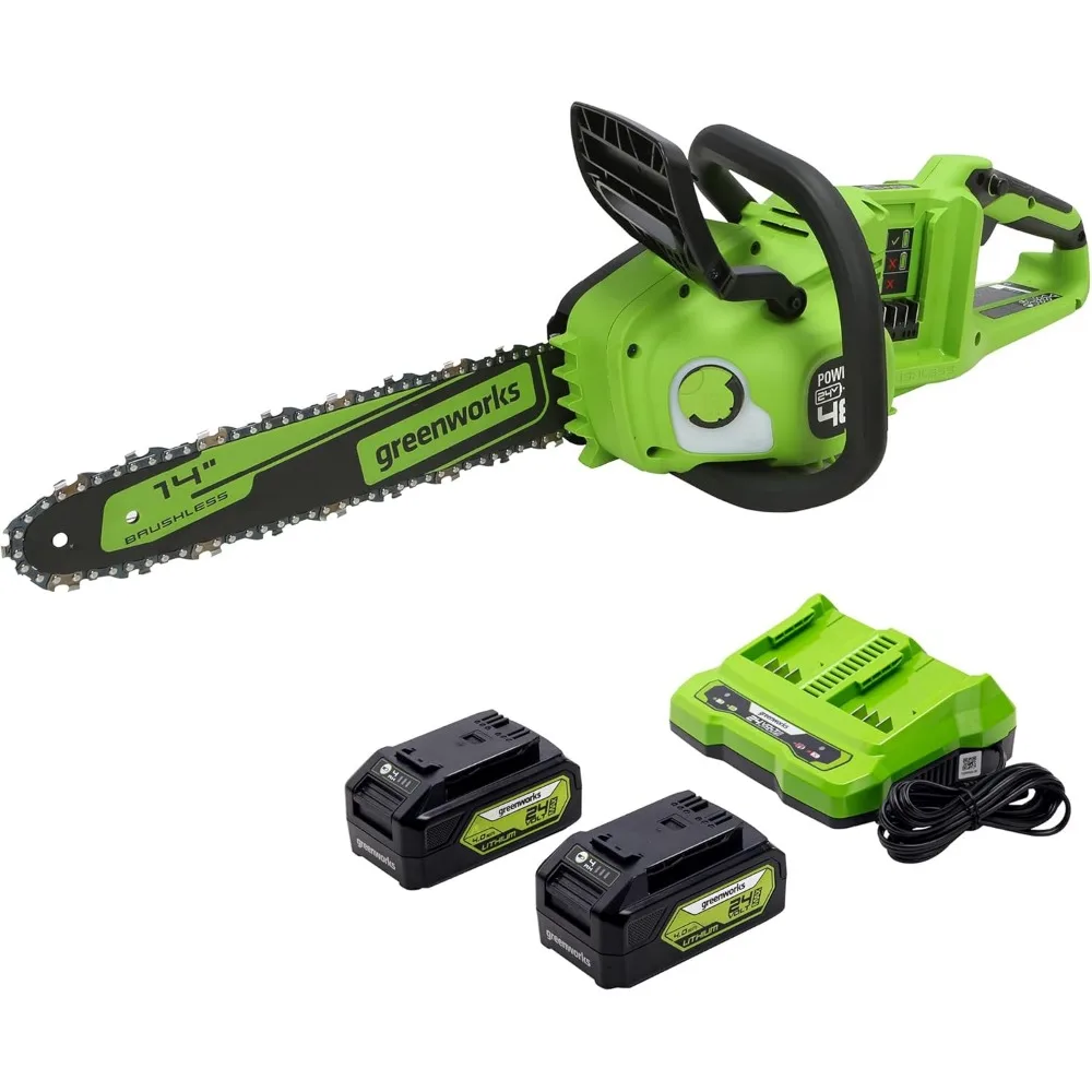 Бесщеточная аккумуляторная бензопила Greenworks, 48 В, двойная, 24 В — идеально подходит для резки деревьев, обрезки ветвей, обрезки и предварительной обработки дров