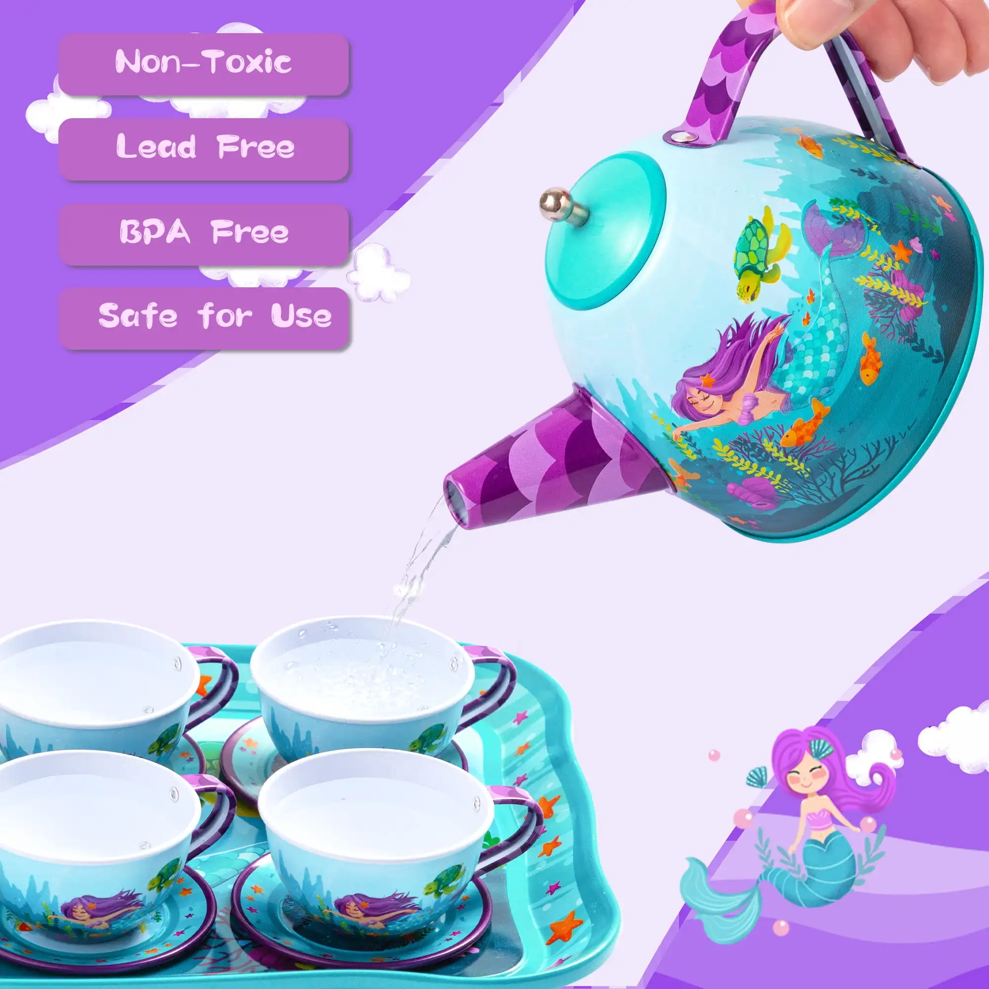 Joyfy Kinder-Teeset, Meerjungfrau-Teeparty-Set, Prinzessin, Rollenspiel, Blech-Teekannen-Set, Küchenspielzeug für Mädchen, Kleinkinder, 2, 3, 4, 5 und 6 Jahre alt