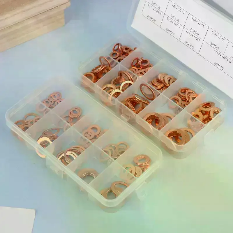 100/200Pcs Of Copper Washers Nuts And Bolts With Box M4/M5/M6/M8/M10/M12/M14 Seal Combination Kit For Oil Pan Plugs