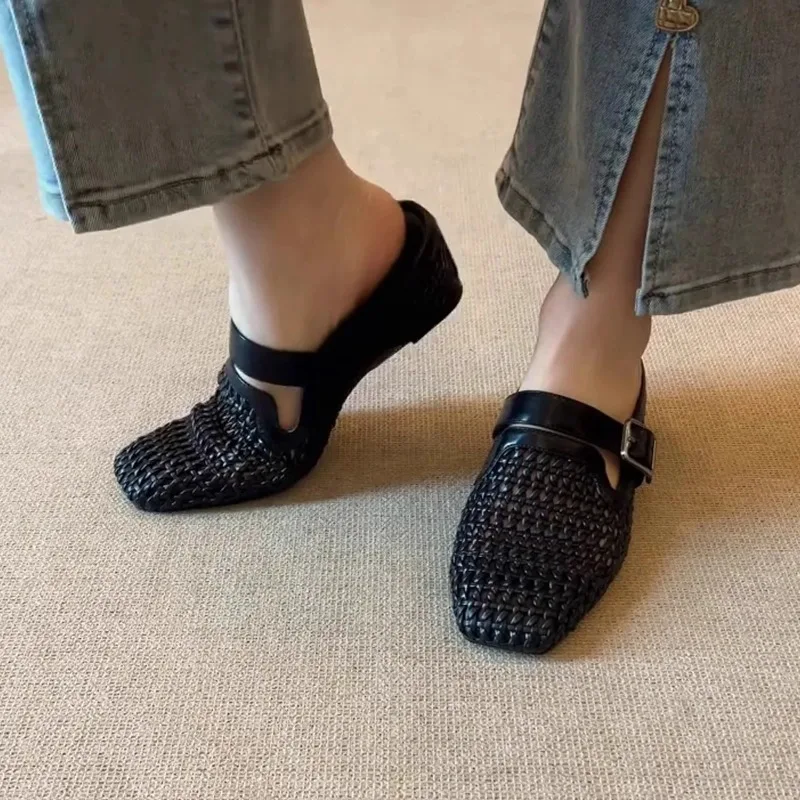 

Weaving Slope Heels Belt Buckle Breathable Toe Cover Height Increasing Fashionable Wearing Outside Lazy Half Slippers for Women