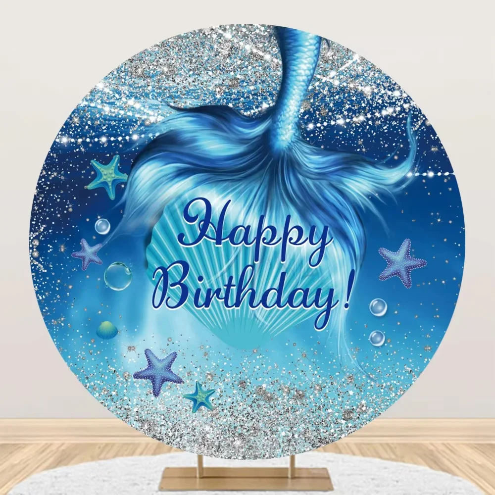 Happy Birthday Mermaid Under The Sea Round Photo Backdrop Scale Pearl Kids Party Girl Portrait Home Decor Photography Background