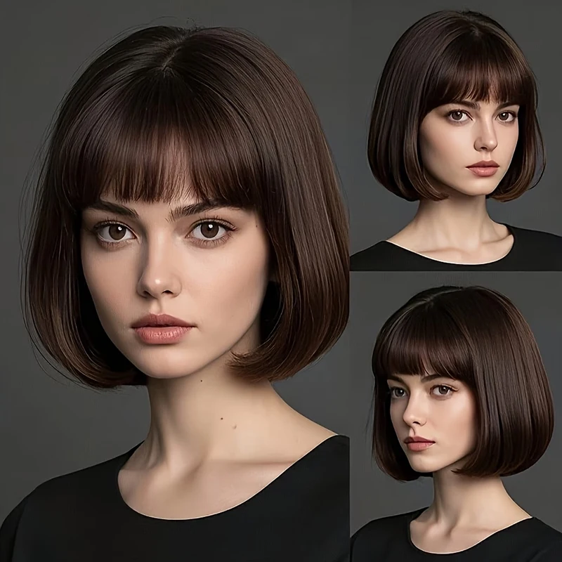 A dark brown 12-inch synthetic bob wig with fringe, designed specifically for women’s everyday styling