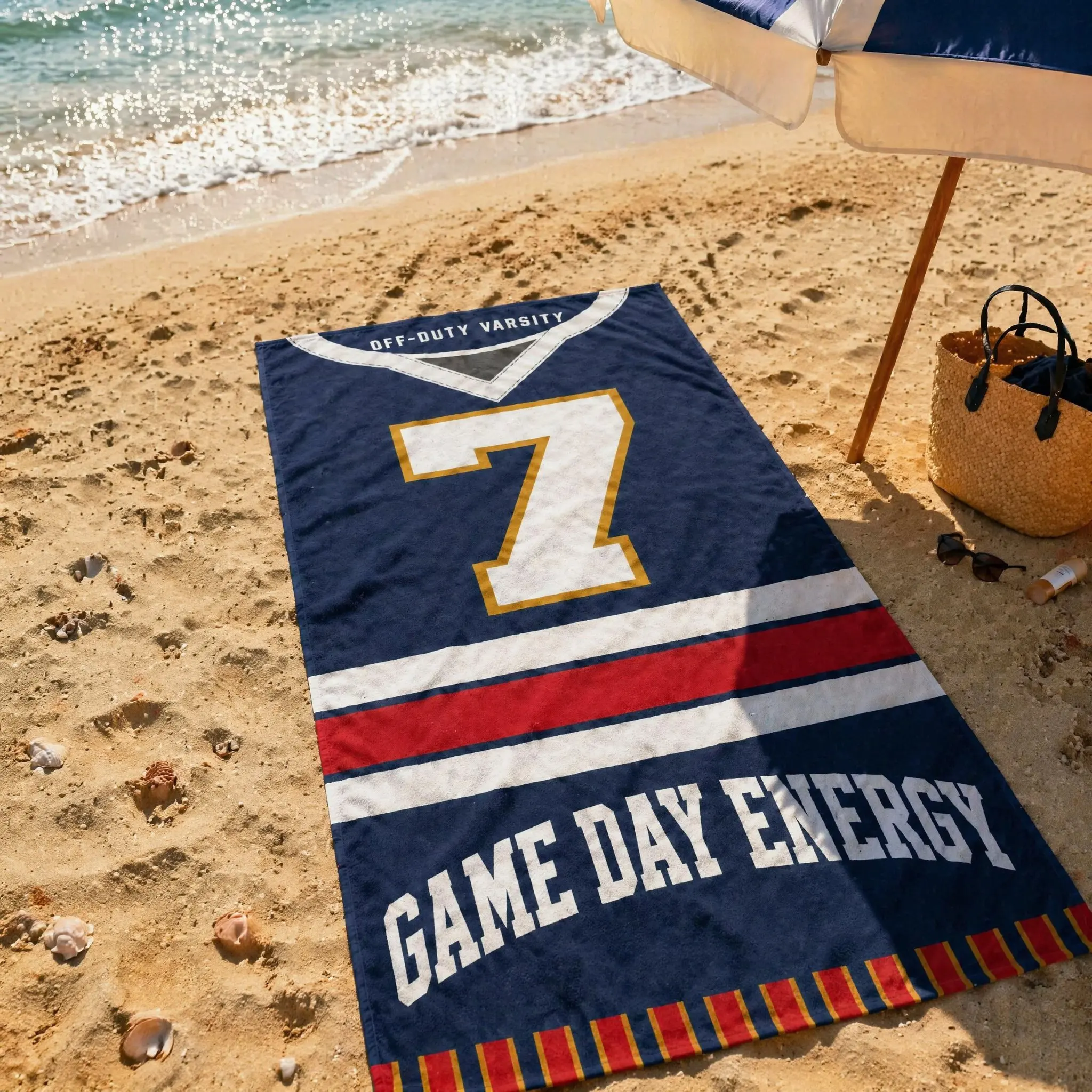 Off-Duty Varsity Striped Beach Towel, Game Day Energy Number 7 Jersey Large Quick Dry Beach Blanket for Patio Pool Camping