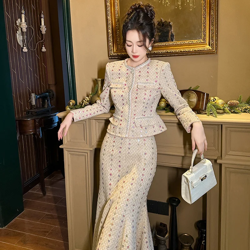 

Autumn/Winter Women Clothing Elegant Slim Fit Short Tweed Coat High Waist Fishtail Long Skirt Set Two Piece Set Women Outfits