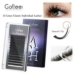 Gollee-extensiones de pestañas individuales clásicas, 12 filas, 9-15/15-21mm, fibra PBT hecha a mano, rizo C/CC/D, maquillaje de pestañas postizas naturales